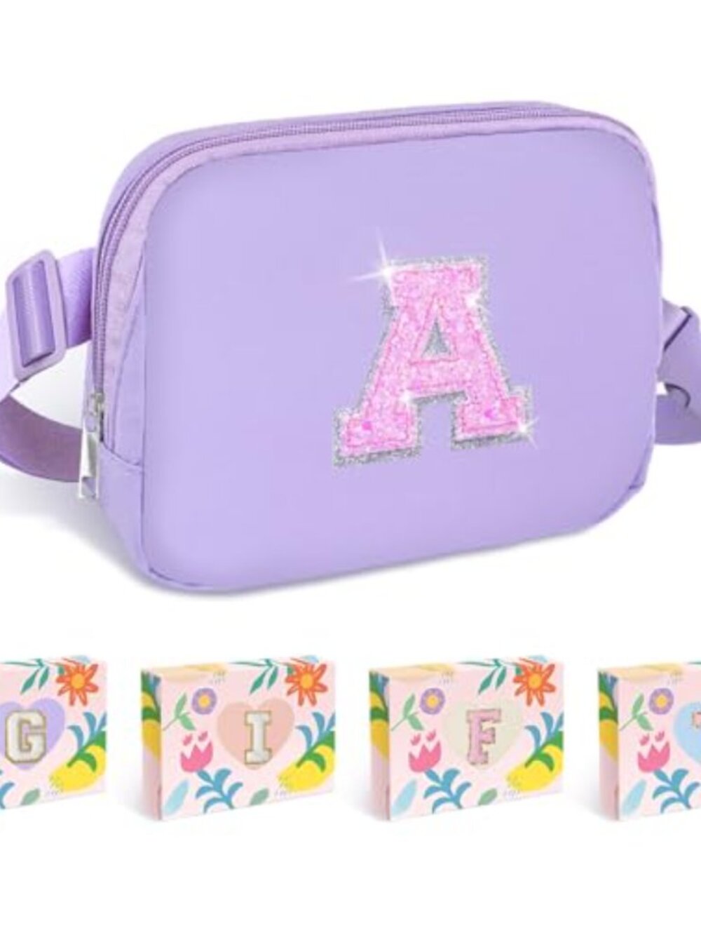 Nylon Water-Resistant Belt Bag with Sparkly Initial Letter Patch, Adjustable